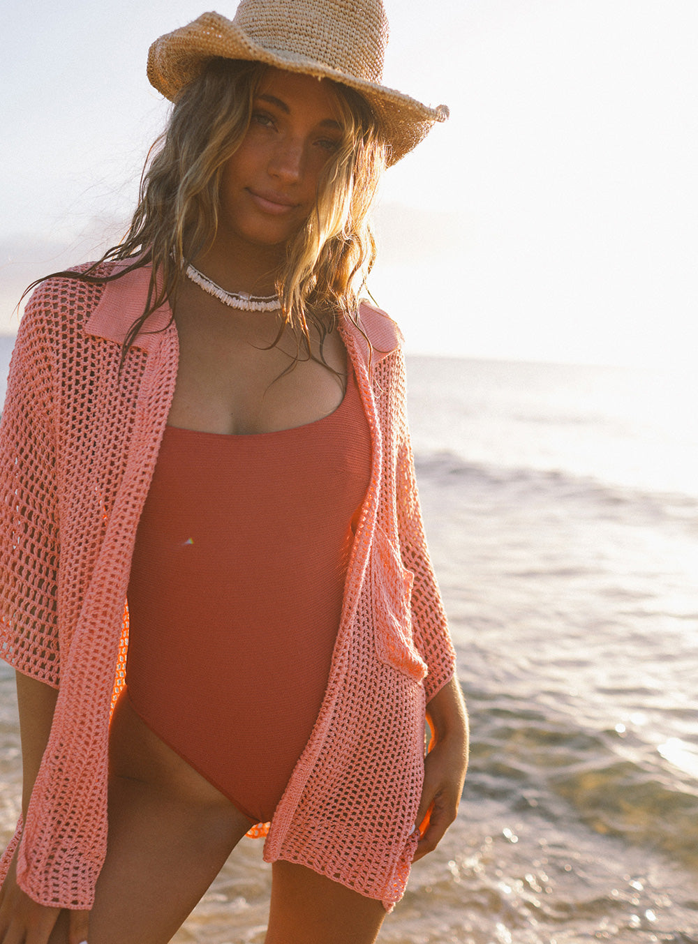 Grapefruit Oversized Crochet Shirt